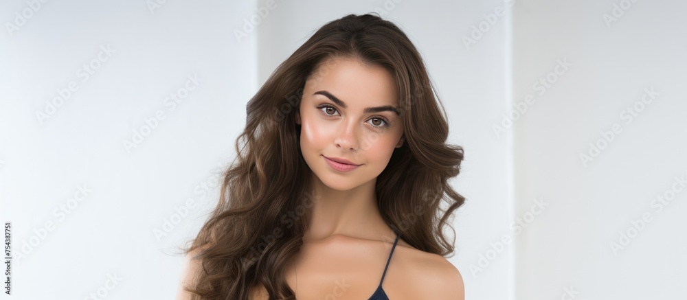 A brunette woman is confidently posing in a black bra against a white background, striking a pose for the camera. A brunette woman is confidently posing in a black bra against a white background, striking a pose for the camera.