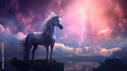 Beautiful unicorn, rainbow background with winged unicorn silhouette with stars. Magic fantasy world