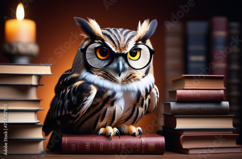 An owl with glasses sits on books in the library. Knowledge Day. 