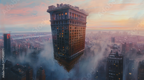 Experience the magic hour with a captivating painting of a levitating deco building over misty city streets. AI generative.