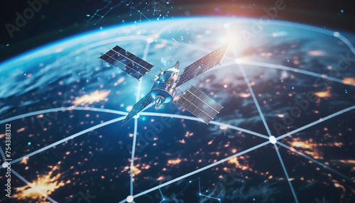 Background with space. Connectivity concept. A telecommunications satellite orbiting the globe transmitting information in the form of a hologram. © michalsen