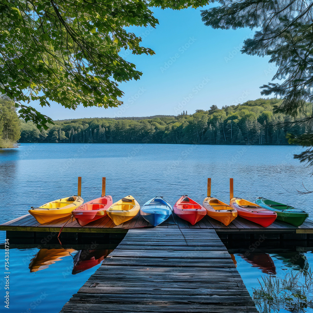 Discover serenity by a lakeside adorned with colorful kayaks and a wooden dock. AI generative.