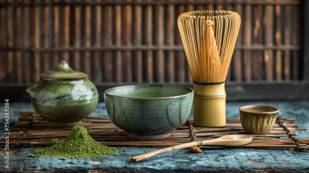 Experience the artistry of Japanese tea ceremony with this aesthetically pleasing photograph. AI generative.