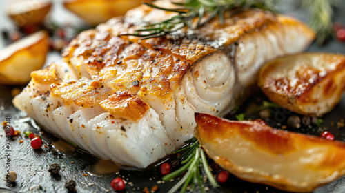 professional food photography: cod fish with roasted potatoes, plain background, with empty copy space