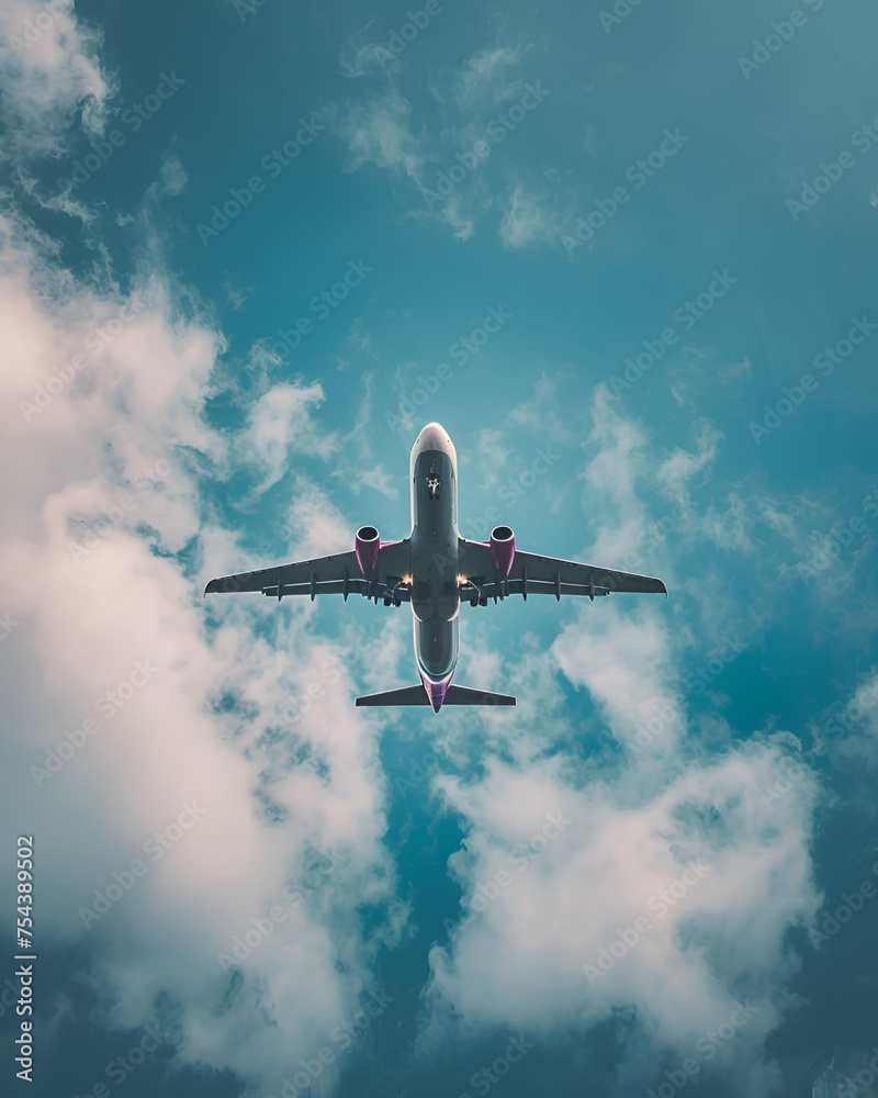 A plane in flight is photographed from below during the day A plane in flight is photographed from below during the day