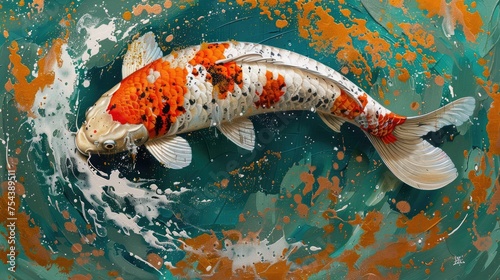 A brightly colored koi fish swimming, depicted in a dynamic abstract art style with vivid splashes of paint.