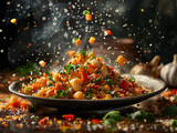 Delicious jambalaya photography, explosion flavors, studio lighting, studio background, well-lit, vibrant colors, sharp-focus, high-quality, artistic, unique