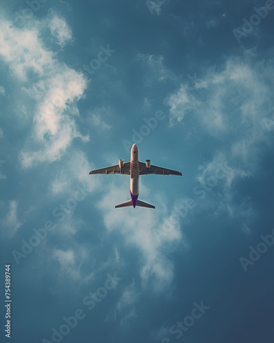 A plane in flight is photographed from below during the day