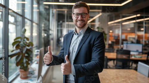 young businessman or smiling entrepreneur looking at camera showing thumbs up standing in modern office, job satisfaction or business success concept 