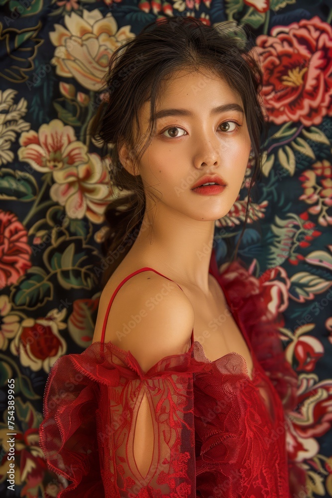 Portrait of a Young Woman in Red Dress with Floral Background Portrait of a Young Woman in Red Dress with Floral Background