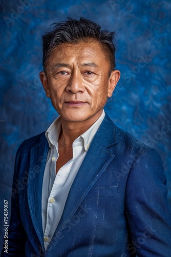 Confident Mature Asian Businessman in a Stylish Suit Against a Textured Blue Background - Professional Portrait Photography