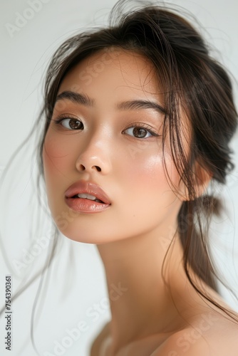 Portrait of a Young Asian Woman with a Natural Makeup Look and Beautiful Brown Eyes
