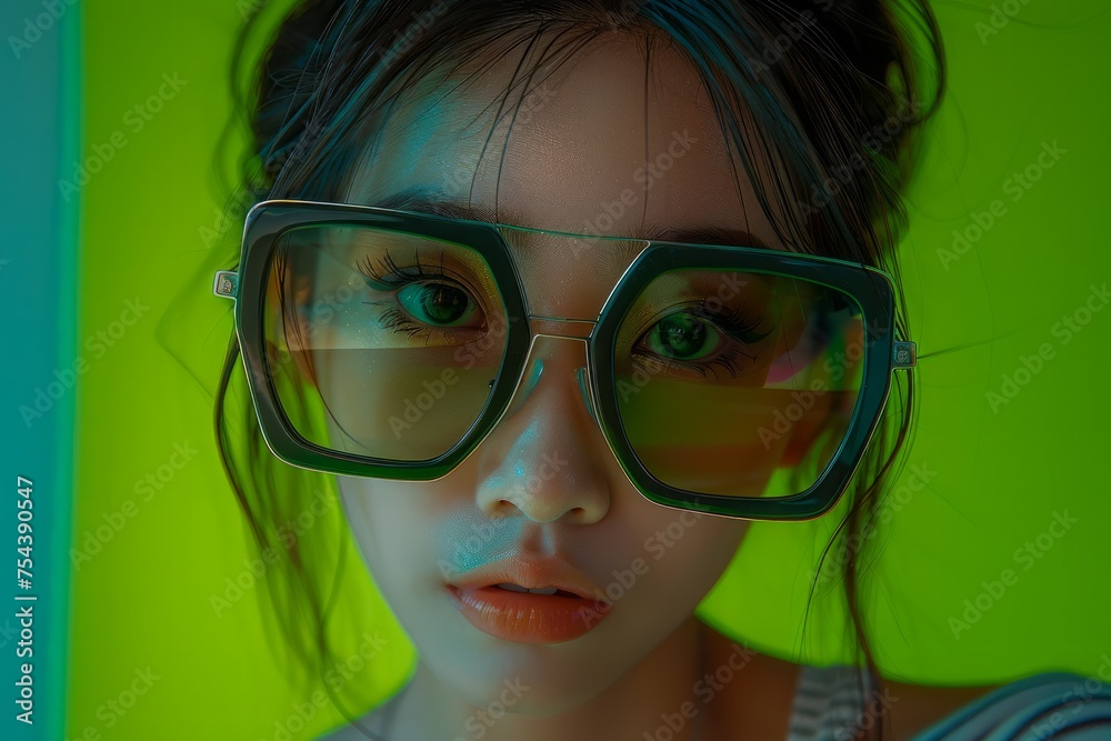 Futuristic Portrait of Young Woman with Oversized Sunglasses in Neon Green Light Futuristic Portrait of Young Woman with Oversized Sunglasses in Neon Green Light