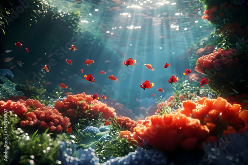 An underwater view  scene with red fish and corals generative ai