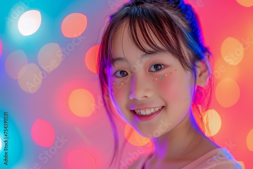Smiling Young Girl with Festive Face Stickers Against Colorful Bokeh Lights Background