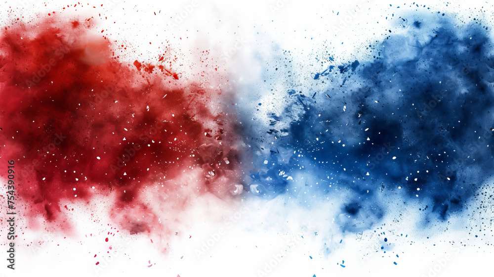 Labor day Red, White and Blue colored dust explosion background. Splash of American flag colors smoke dust on white background, Independence Day, Memorial Day patriotic abstract pattern