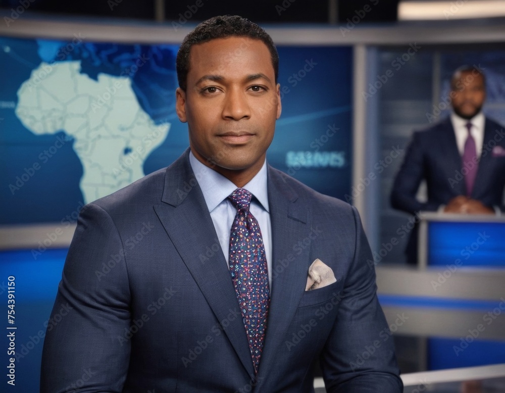 Image of an African American male anchor in a daily news television studio. AI generation