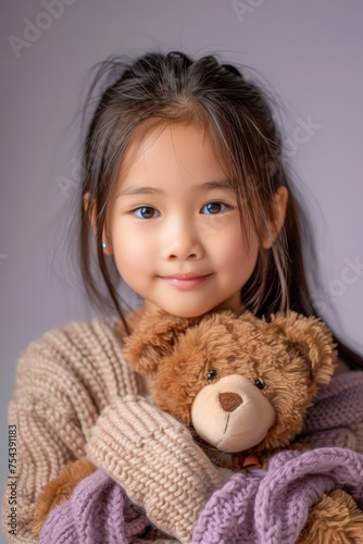 Portrait of a Smiling Young Girl Holding a Teddy Bear with Gentle Eyes, Cozy Sweater, and Soft Lighting