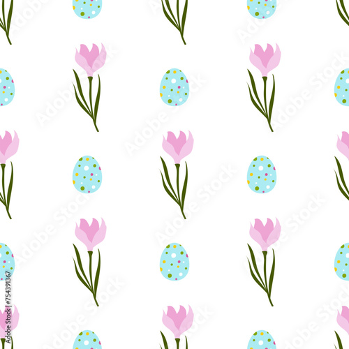 Easter seamless pattern with spring flowers and eggs.Vector illustration  in minimalist style on a white background.