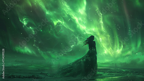 Night Sky Harmony: Ethereal Woman Embracing Northern Lights,generative ai