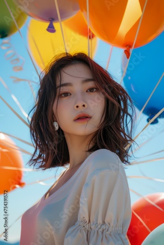 Young Woman with Short Hair Posing with Colorful Balloons Against Blue Sky Backdrop for Festive Occasion or Celebration