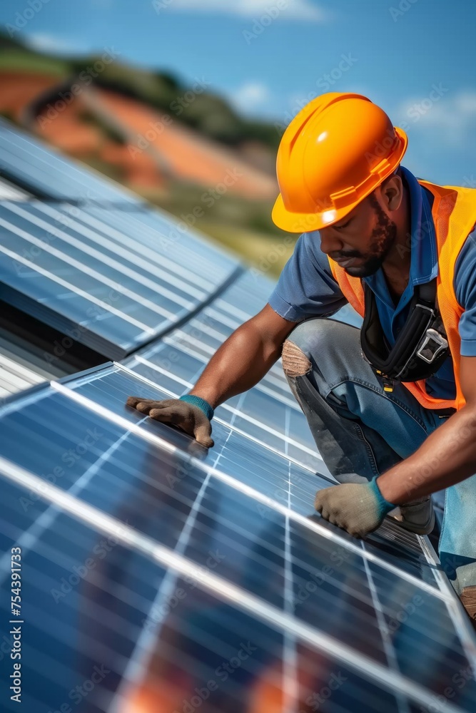 Electricians installing solar panels on rooftops. Solar utility, environmental awareness, maintaining solar panels, vibrant construction scenes with smooth, solar panels, labor on rooftop. Electricians installing solar panels on rooftops. Solar utility, environmental awareness, maintaining solar panels, vibrant construction scenes with smooth, solar panels, labor on rooftop.