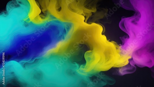 Yellow, Teal, and purple colors Dramatic smoke and fog in contrast on a black background