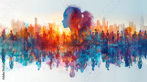 illustration of Colorful upper body silhouettes of people from many generations as a population concept,generative ai