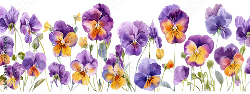 Viola tricolor/Wild Pansys/Johnny-Jump-ups, in a row, front view, PNG, horizontal layout in, a delicateFloral-themed, isolated, and transparent photorealistic illustration. Generative ai photo
