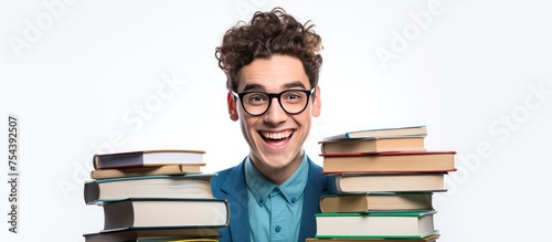 A man wearing glasses is seen holding a large stack of books in his hands, looking content and focused. The background is plain white, emphasizing the man and the books.