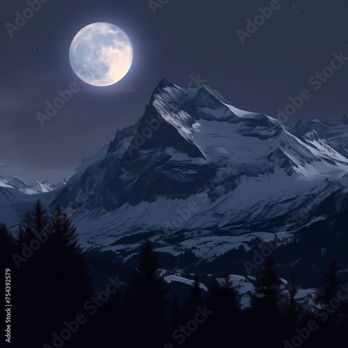 야경, 아름다운 산과 아름다운 달, 눈이 쌓인 산, 동그랗고 커다란 달, 아름다운 풍경
