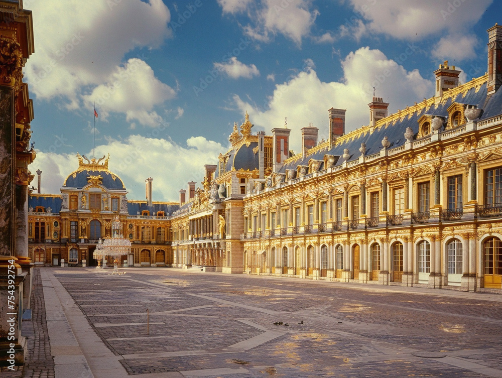 Opulent royal palace in France with intricate architecture and stunning gardens, showcasing wealth and power.