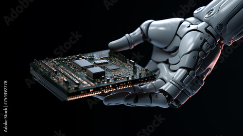 Modern high tech authentic robotic arm holding contemporary supercomputer processor. Industrial robot end effector holding CPU chip