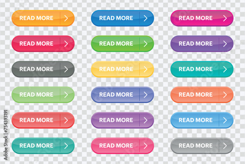 "Elevate web design with our Isolated Read More Button Set. Trendy collection for websites, labels, banners, and more. Vector illustration."