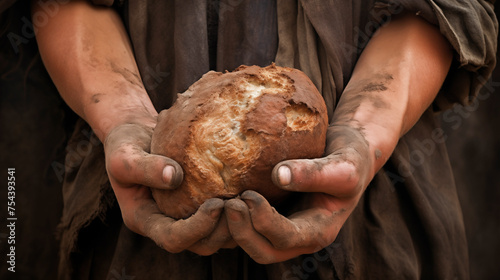 Dirty hands, homeless poor with a piece of bread in modern capitalist society, economic recession, unemployment, poverty, hunger, retirement, global crisis, inequality problem concept photo