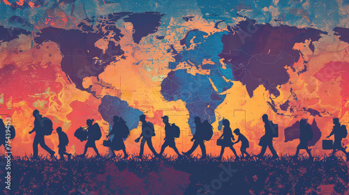 Banner with silhouettes of people carrying belongings on the background of the world map