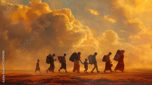 International migrants day banner with silhouettes of people carrying belongings