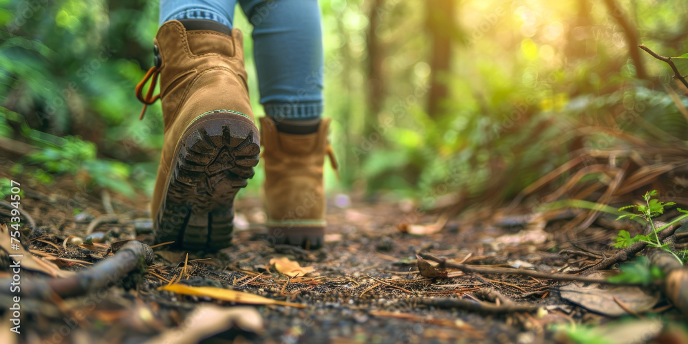 Hiking Adventure Close-up of Boots on Forest Trail Hiking Adventure Close-up of Boots on Forest Trail