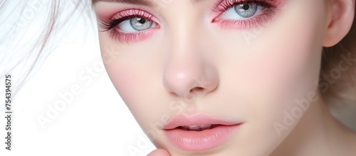 A close-up view of a woman with striking blue eyes  showcasing her beautiful makeup against a white background. Her eyes are the focal point of the image  revealing intricate details and depth.