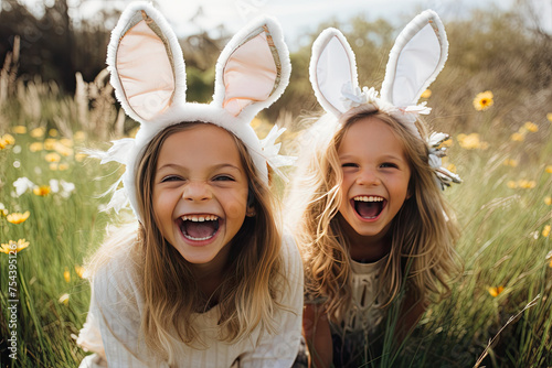 Happy Girls Wearing Easter Bunny Ears in a Spring Meadow
