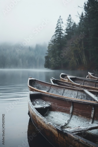 A gray colored photograph of wooden boats on a lake with a forest in the background, in the style of dreamy compositions, ominous vibe, analogue filmmaking, minimalist sets, generated with AI
