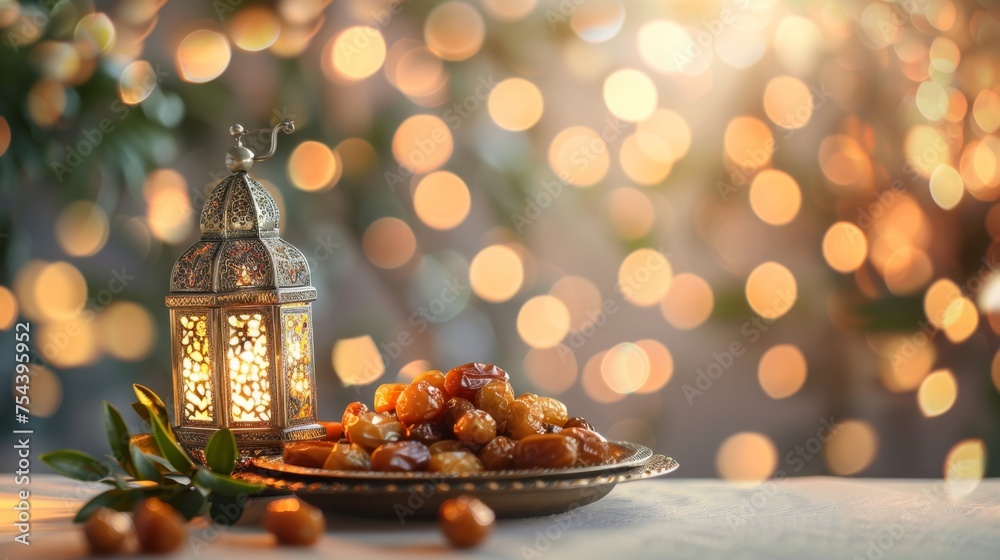 Ramadan Kareem greeting card, invitation. Plate with dates fruit, burning silver Moroccan, Arabic lantern and green branch on white table. Iftar dinner. Glittering lights. Eid ul, generated with AI
