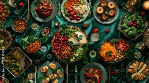 photorealistic top down shot of a feast for Ramadan with food all on the table. Green color scheme, Muslim food, eid decoration, generated with AI