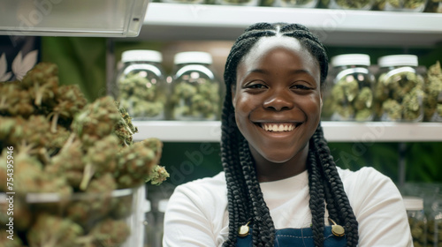 Young African American woman, employee of cannabis shop