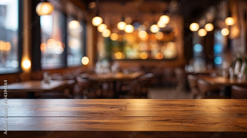 Warm, polished wooden table in focus. Blurred bar interior with bokeh lights in the background. Ideal for product display and ad design