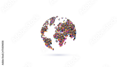 World map globe of different people face crowd. Worldwide globalisation concept.
