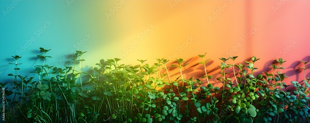 Creating an Artistic Effect with Microgreen Sprouts Shadow Against a Colorful Background. Concept Microgreen Photography, Artistic Shadow Play, Colorful Backgrounds