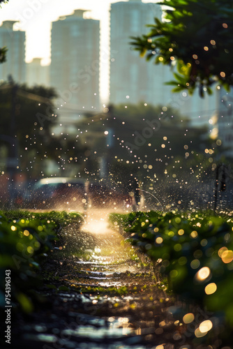 Recycled water sprinklers watering the grass