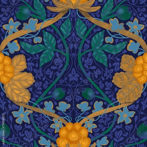 Seamless pattern with floral cloudberry pattern in Morris style, digital illustration. Suitable for interior, wallpaper, fabrics, clothing, stationery.