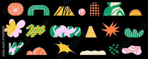 Collection of minimalistic bizarre abstract geometric shapes and forms with different textures in contemporary style, сolorful primitive, Vector doodle objects and graphic elements.